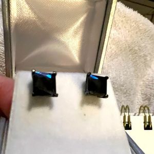Princess cut black stone and black metal pierced earrings